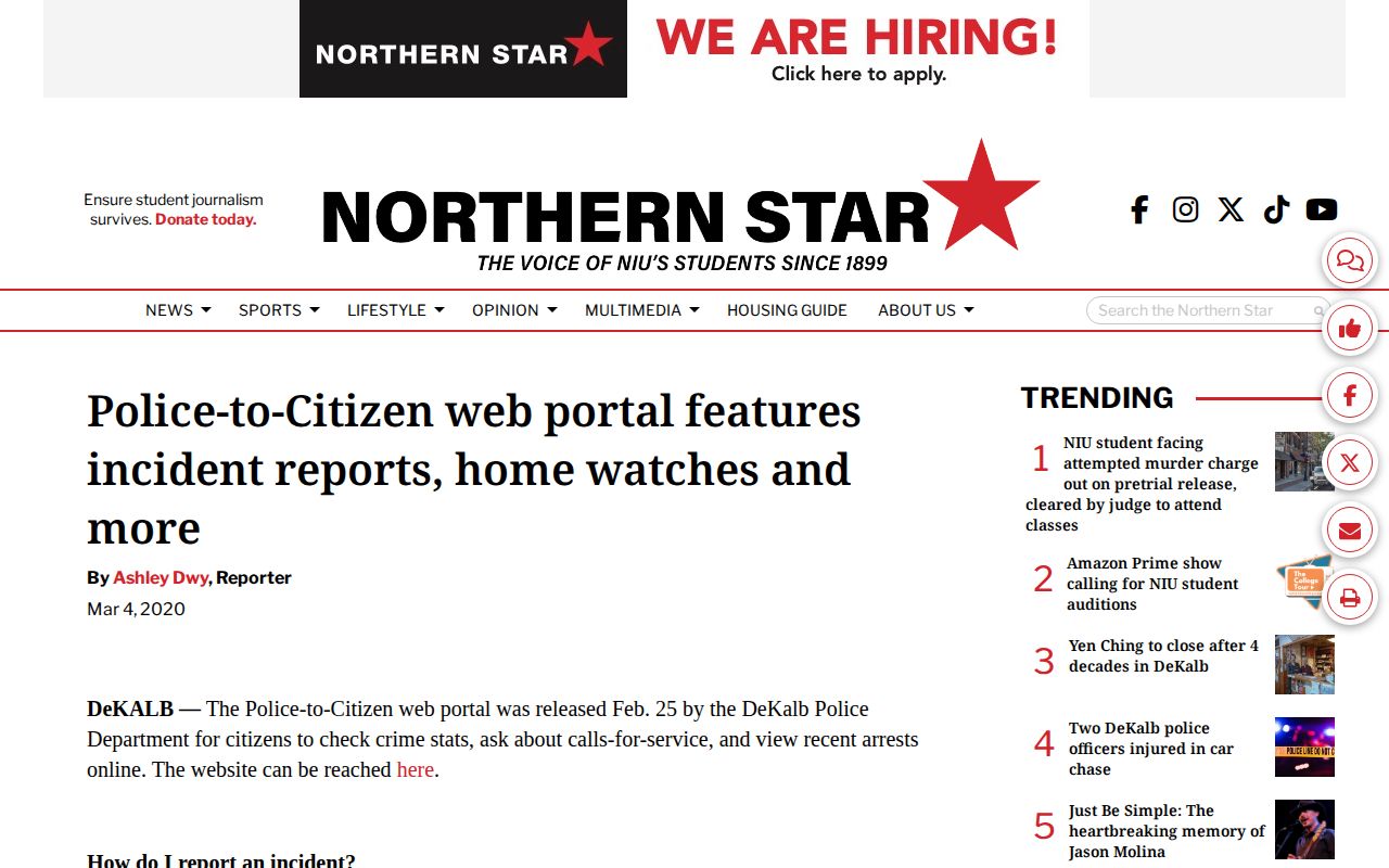 Northern Star coverage of the DeKalb Police arrest records portal